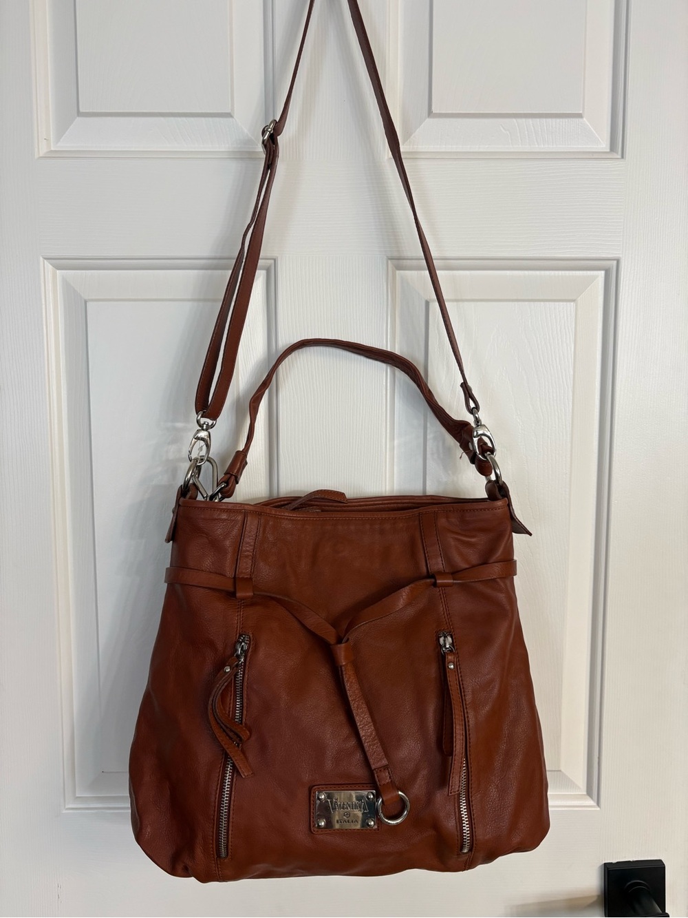 Valentina Chestnut Brown Leather Shoulder Bag with Top Handle
